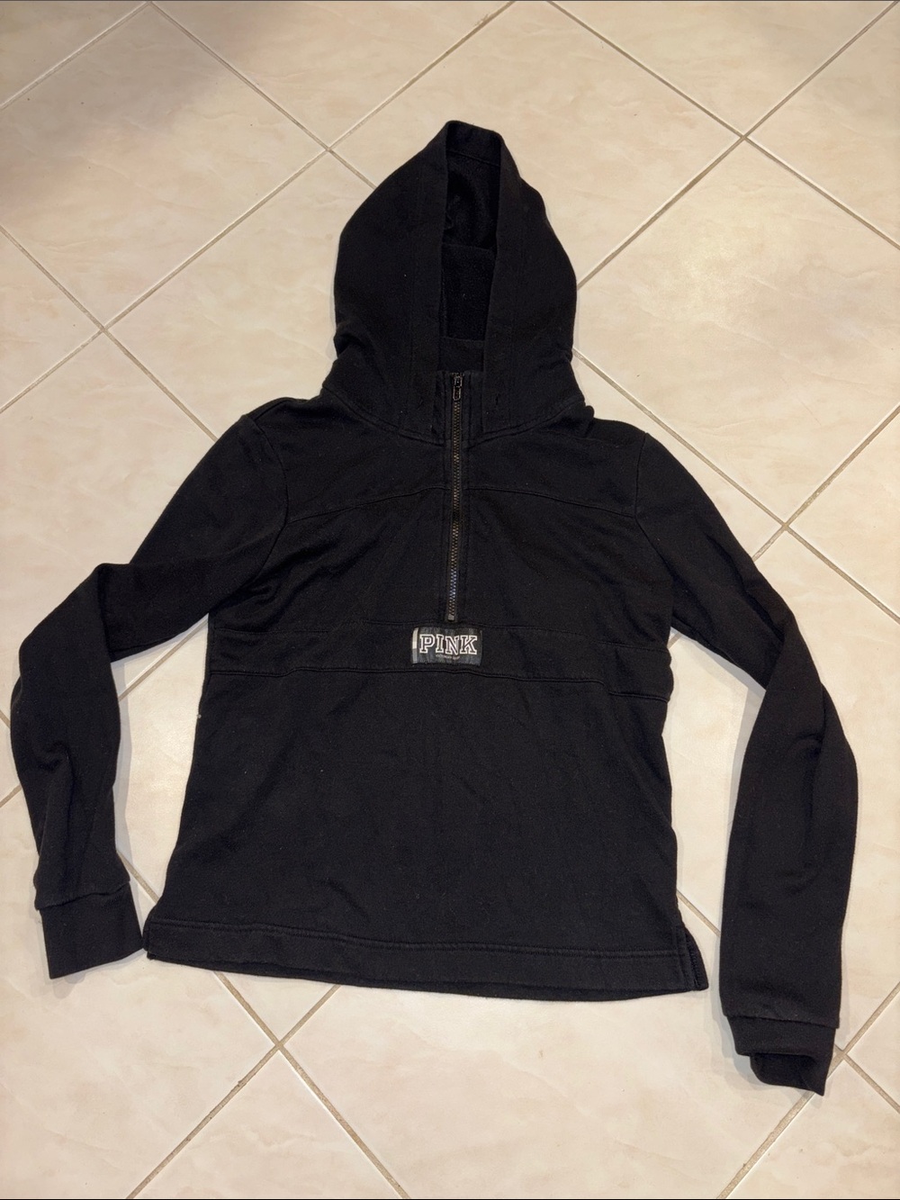 PINK Victoria's Secret Black Hooded Half-Zip Teddy Jacket